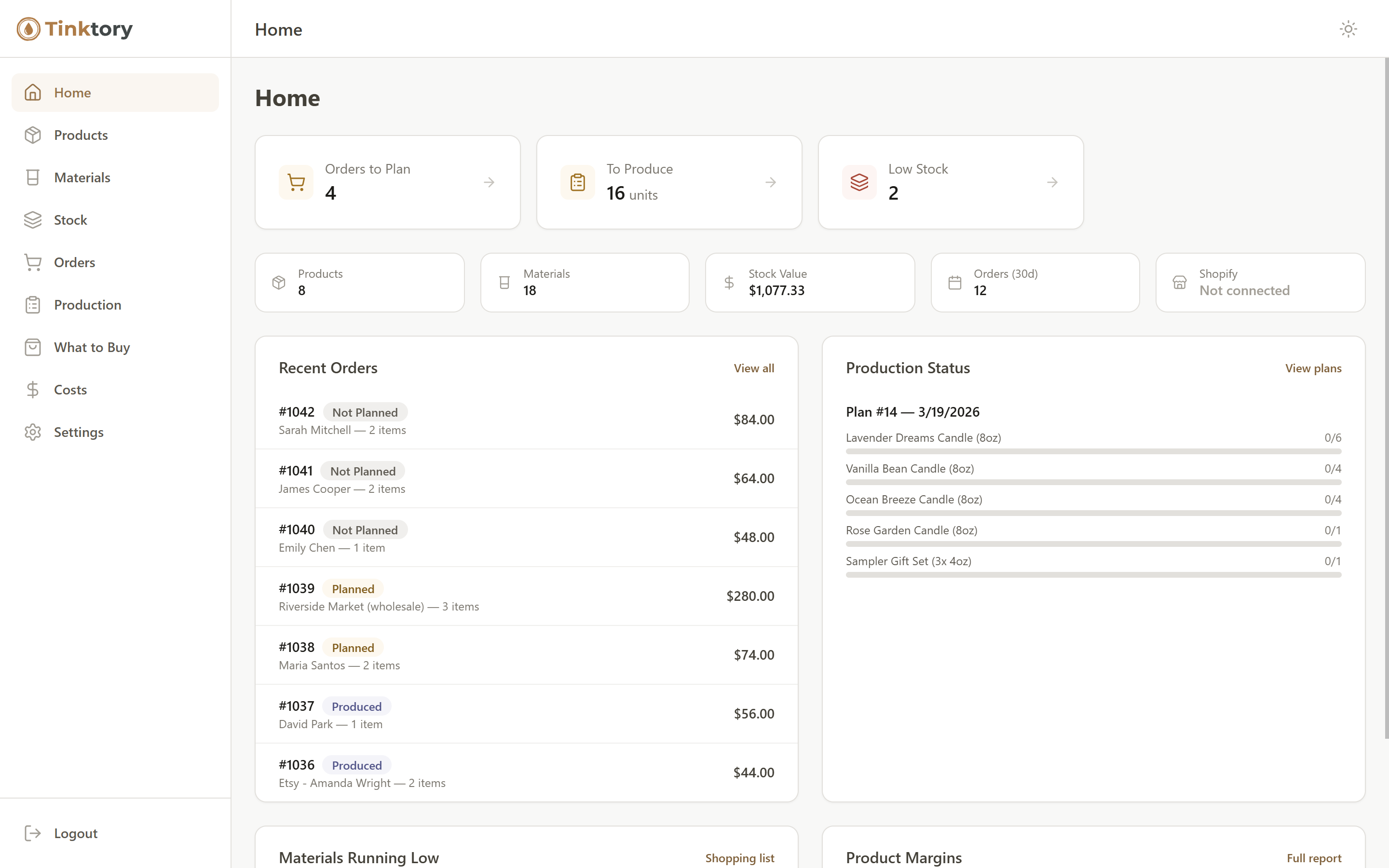 Tinktory dashboard showing production plans, orders, and stock levels